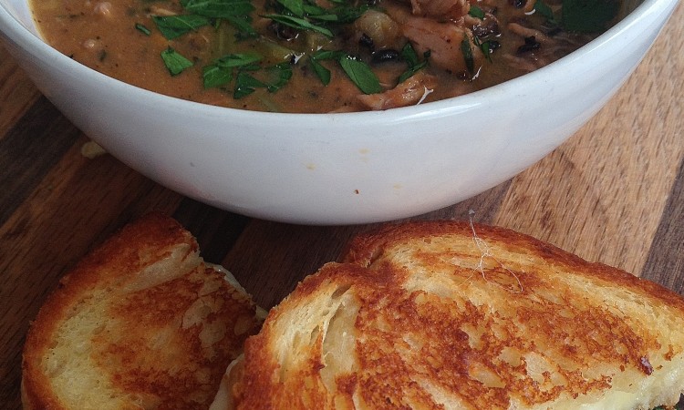 Chicken and Black Rice Stew with Grilled Cheese