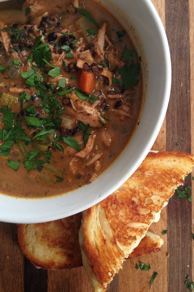 Chicken and Black Rice Stew with Sharp Cheddar grilled cheese