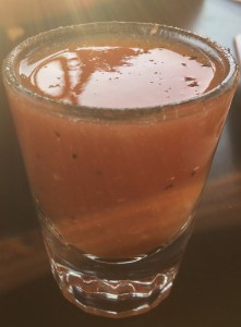 Presenting the oyster shooter: oyster in spicy, tomato-y vodka shot