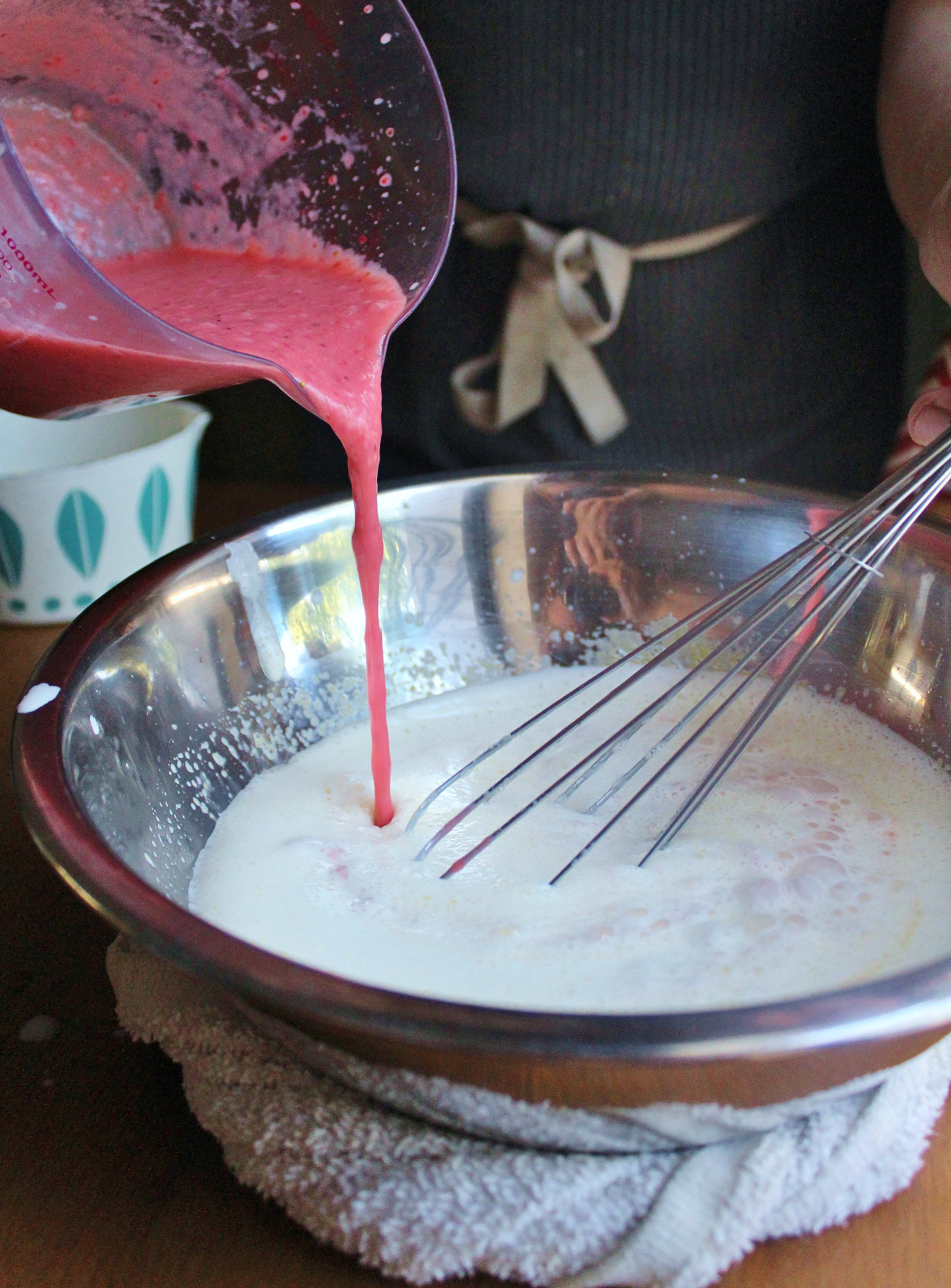 making magic- adding in the strawberry puree
